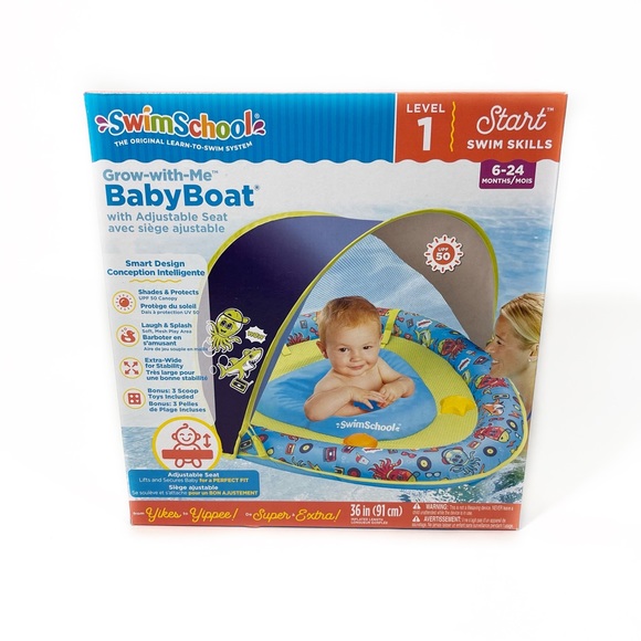 SwimSchool Other - Aqua Float SwimSchool Perfect Fit BabyBoat With Canopy And 3 Toys - Shark Blue